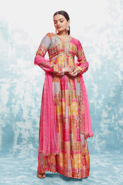 Pink And Yellow Printed Gown With Dupatta