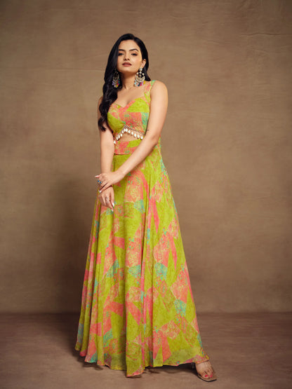 Lemon Yellow Printed Georgette Gown With Tassels