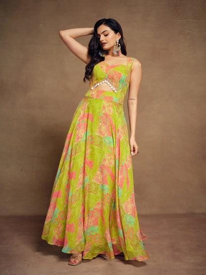 Lemon Yellow Printed Georgette Gown With Tassels