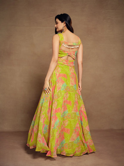 Lemon Yellow Printed Georgette Gown With Tassels