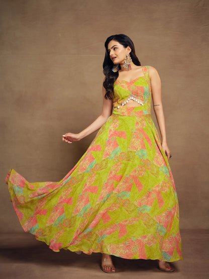 Lemon Yellow Printed Georgette Gown With Tassels