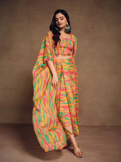 Yellow And Green Printed With Artificial Tassels Chinon Silk Co-ord Set