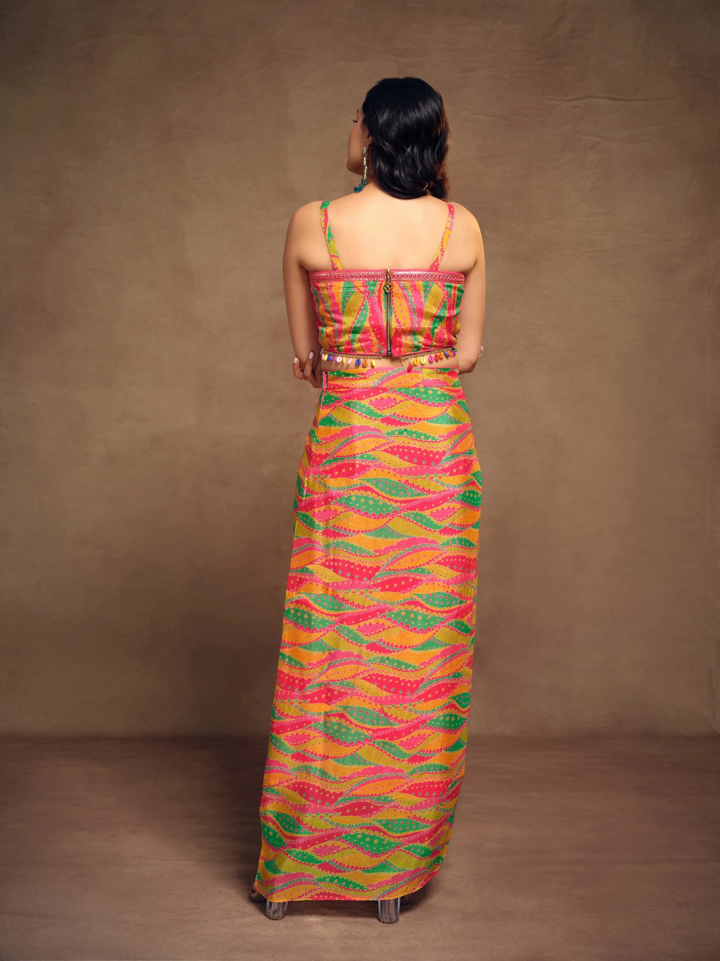 Yellow And Green Printed With Artificial Tassels Chinon Silk Co-ord Set