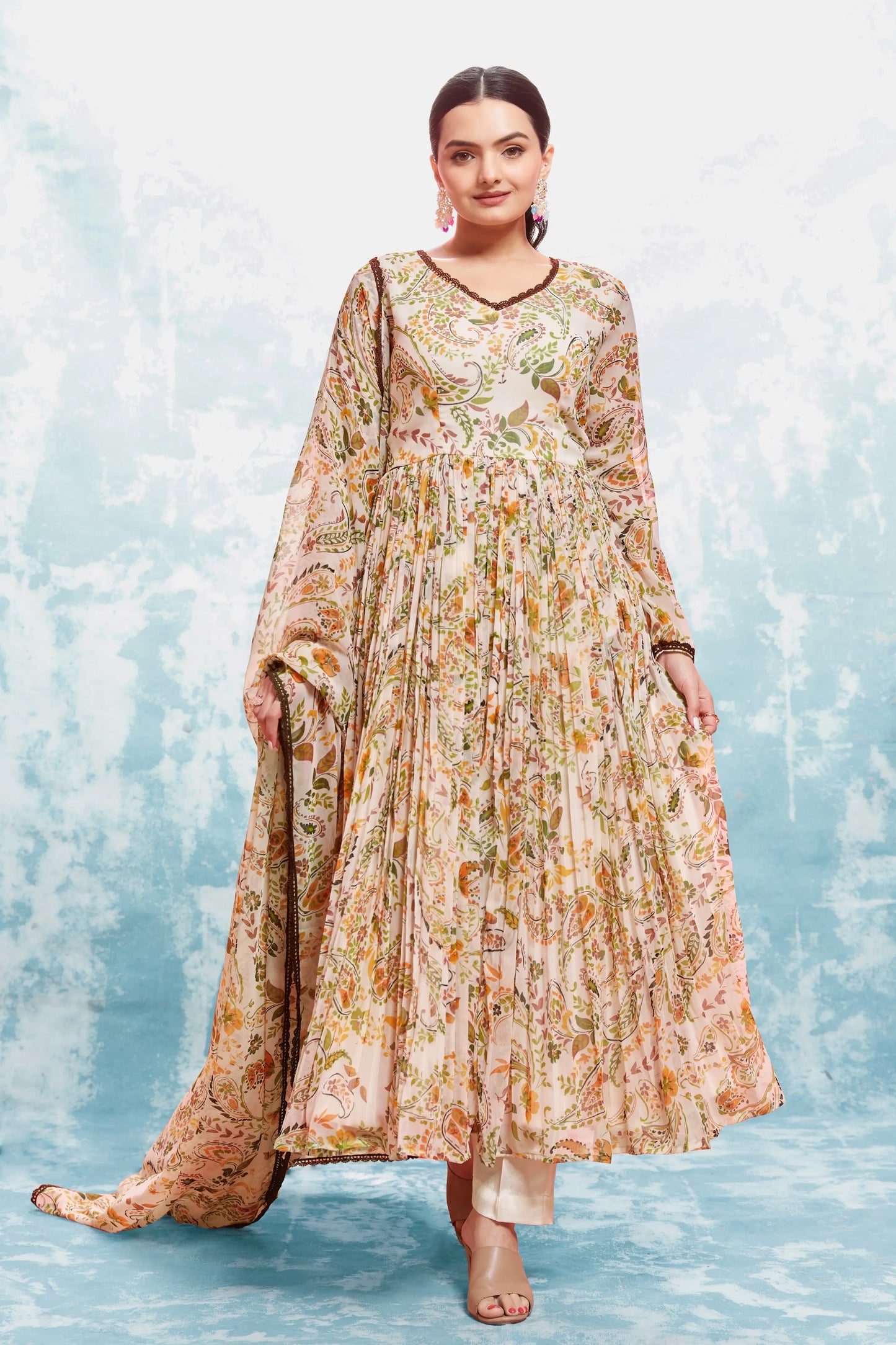 Beige Floral Printed Salwar Suit With Dupatta