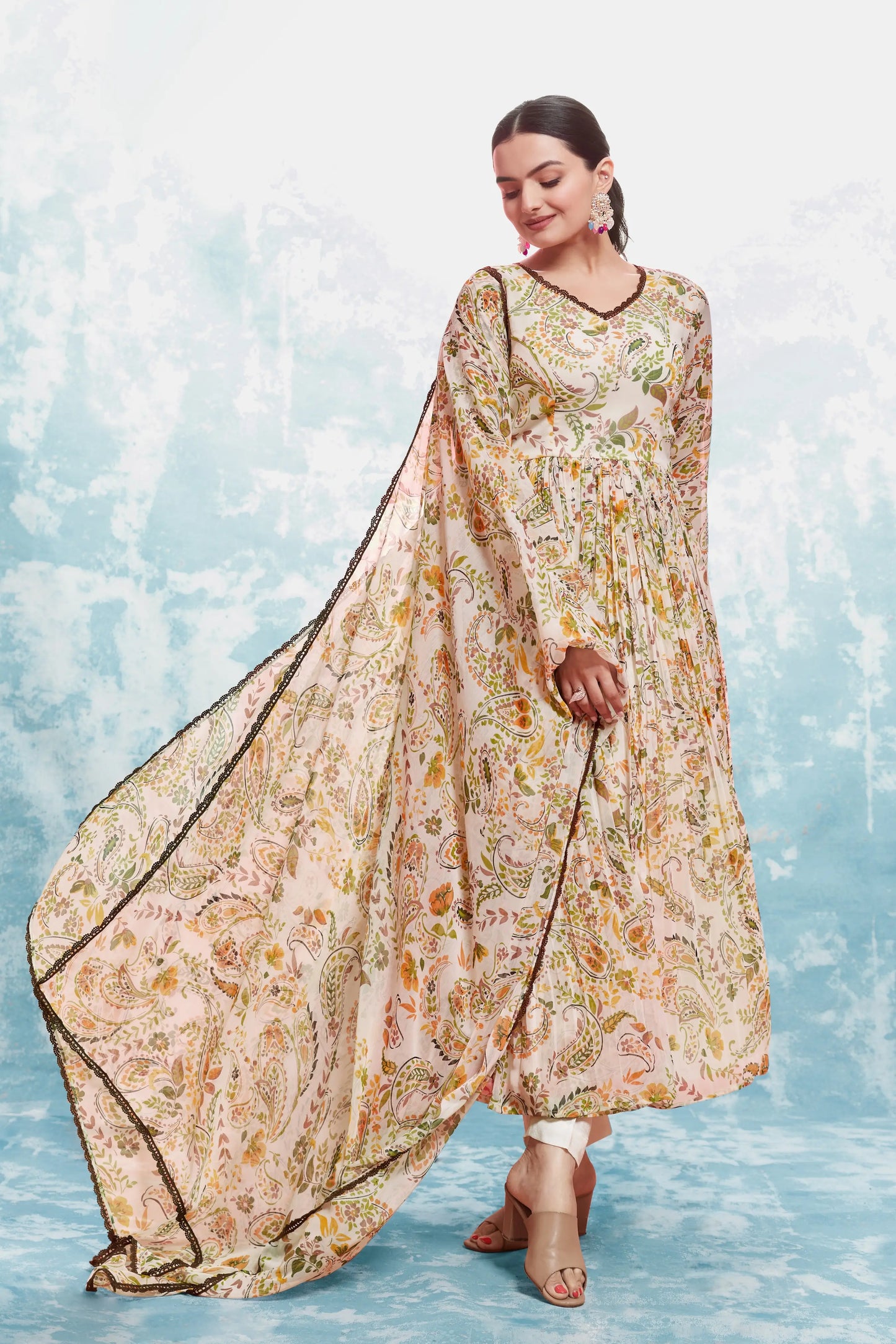 Beige Floral Printed Salwar Suit With Dupatta