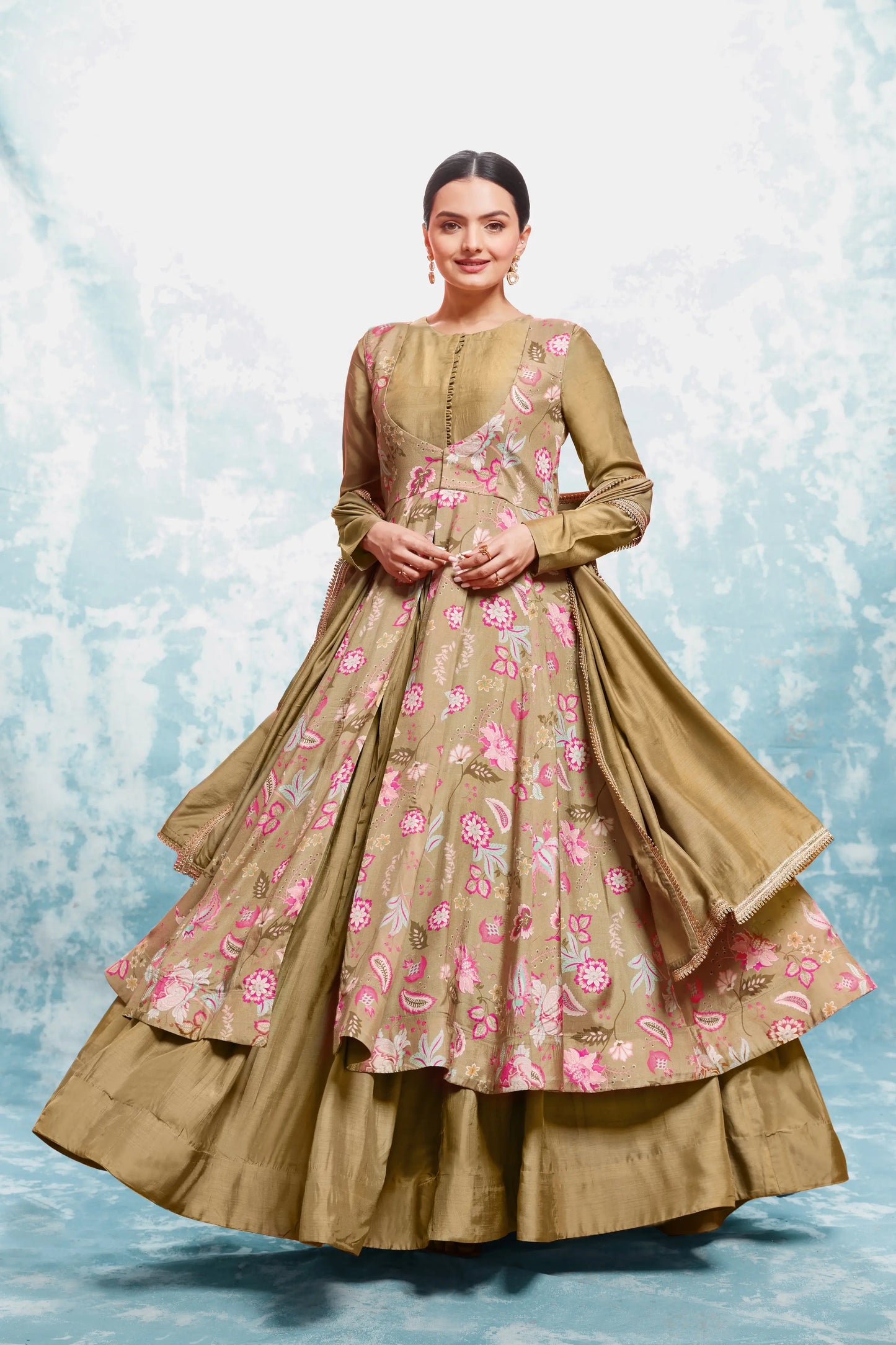 Pale Brown Printed Gown With Jacket And Dupatta