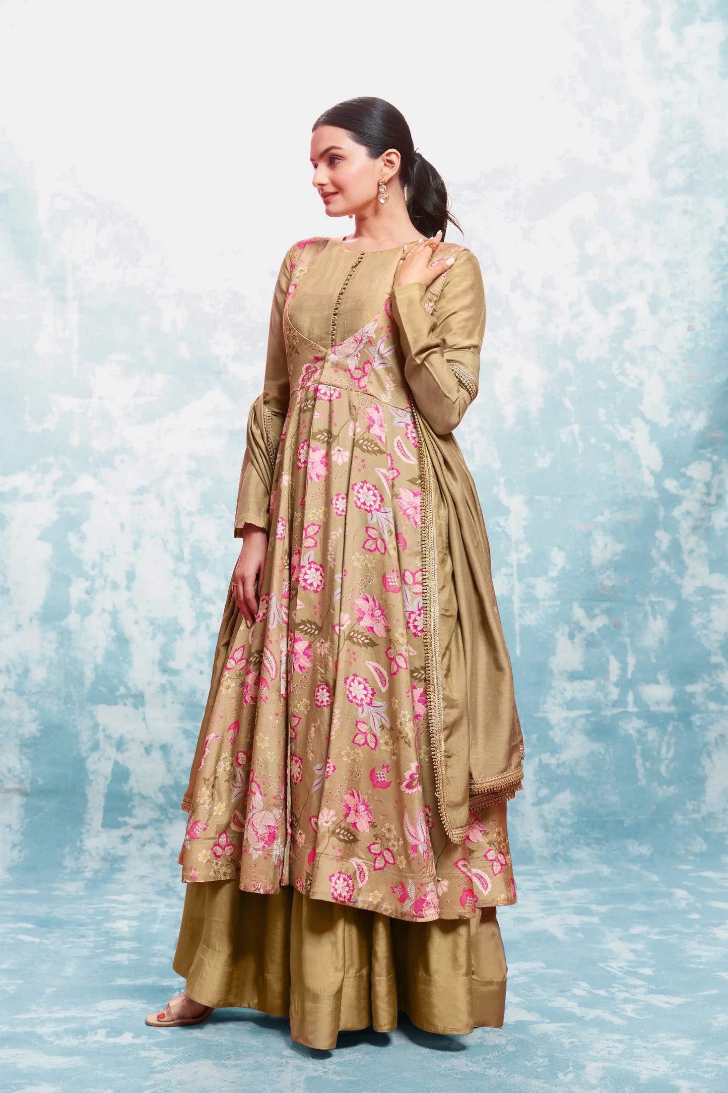 Pale Brown Printed Gown With Jacket And Dupatta