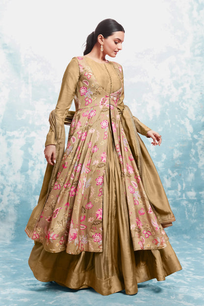 Pale Brown Printed Gown With Jacket And Dupatta