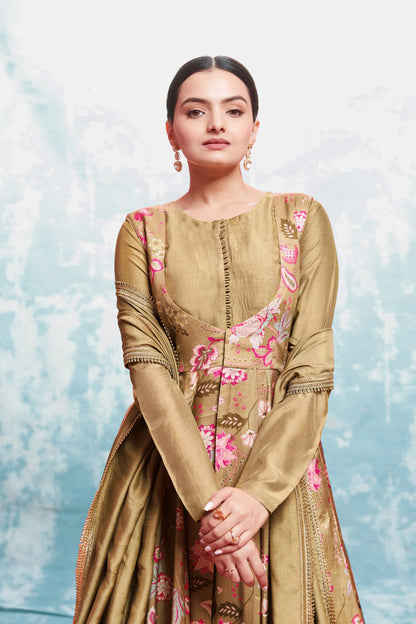 Pale Brown Printed Gown With Jacket And Dupatta