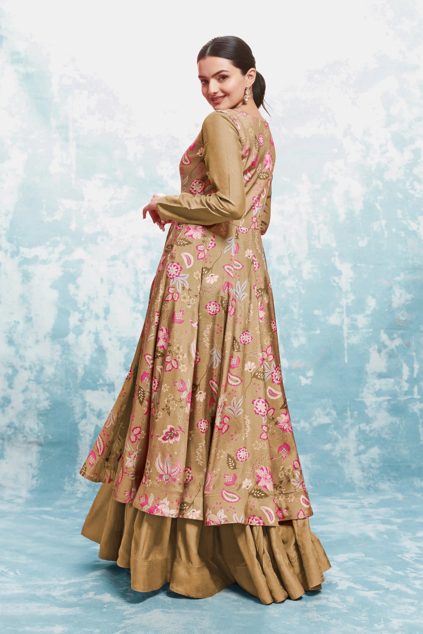 Pale Brown Printed Gown With Jacket And Dupatta