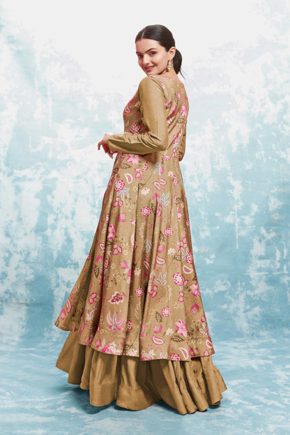 Pale Brown Printed Gown With Jacket And Dupatta