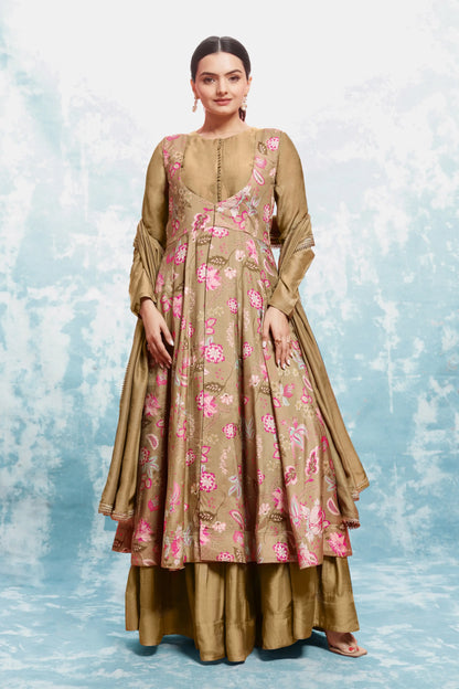 Pale Brown Printed Gown With Jacket And Dupatta