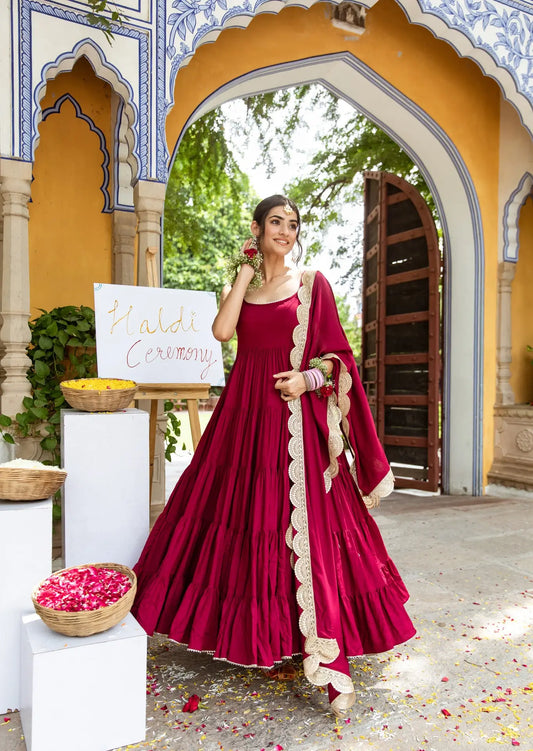 Maroon Rayon Gown With Dupatta