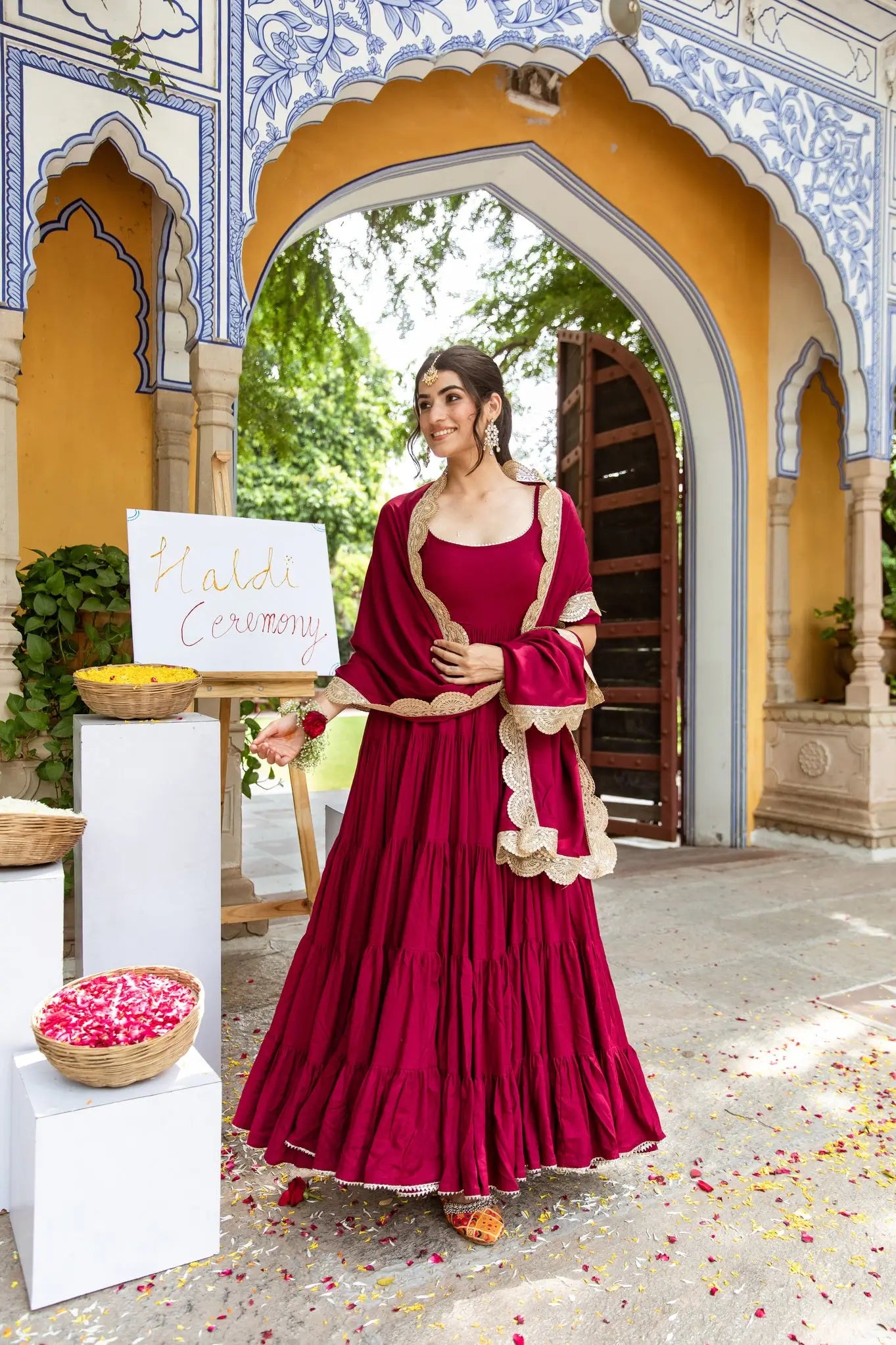 Maroon Rayon Gown With Dupatta