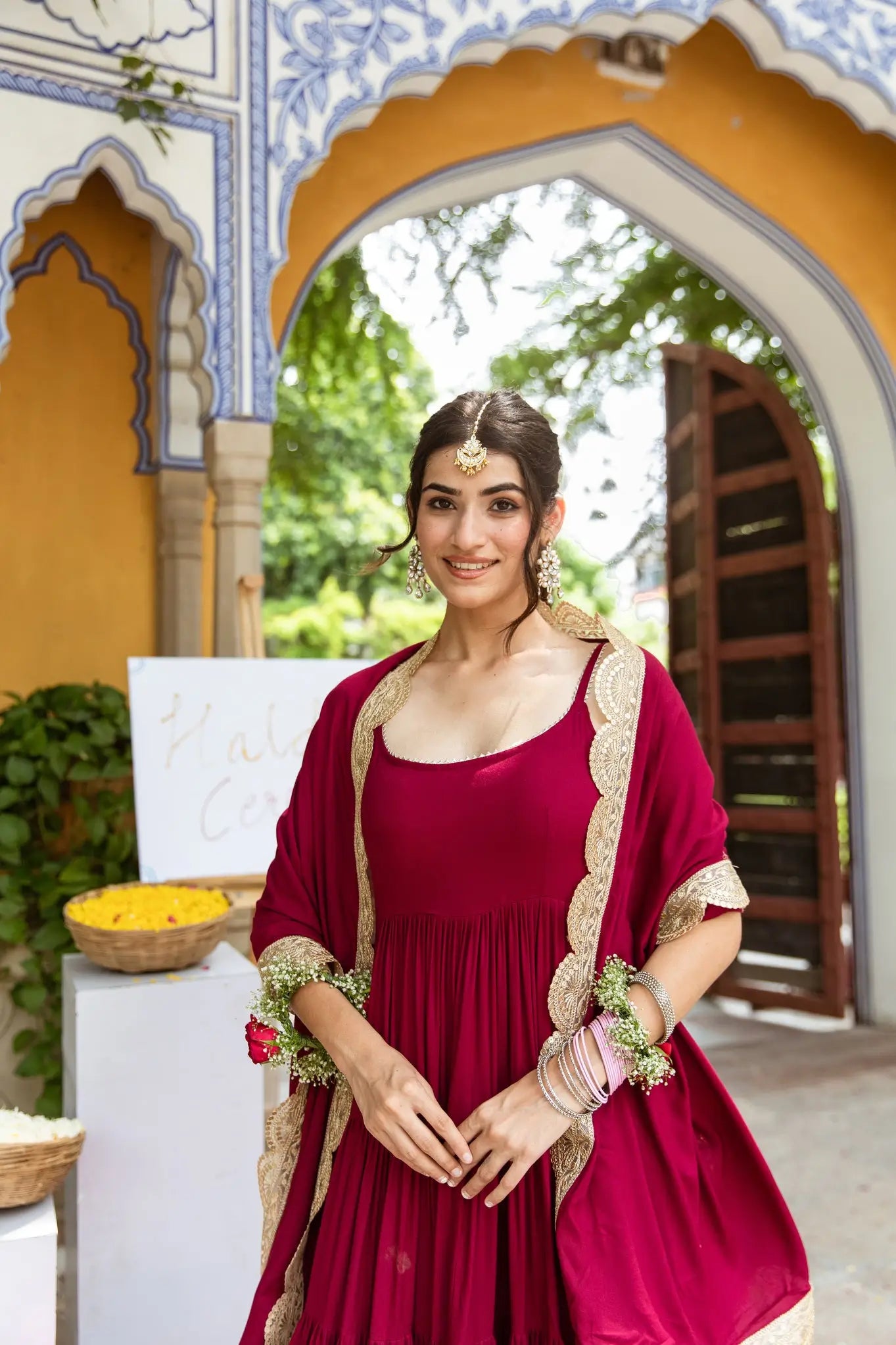 Maroon Rayon Gown With Dupatta