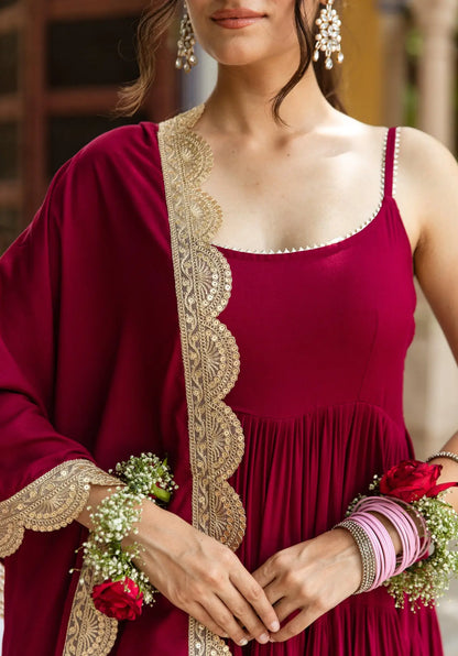 Maroon Rayon Gown With Dupatta