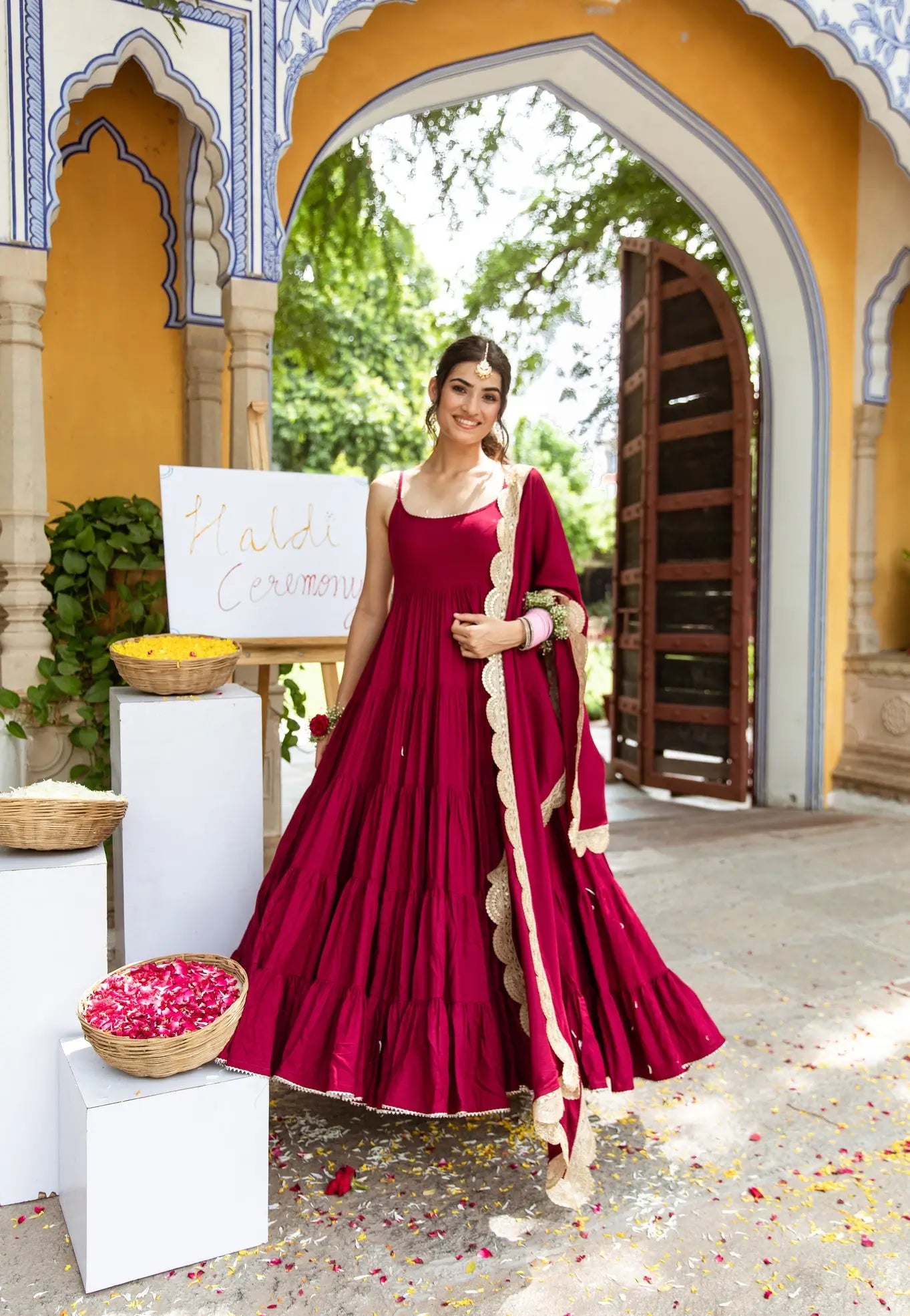 Maroon Rayon Gown With Dupatta