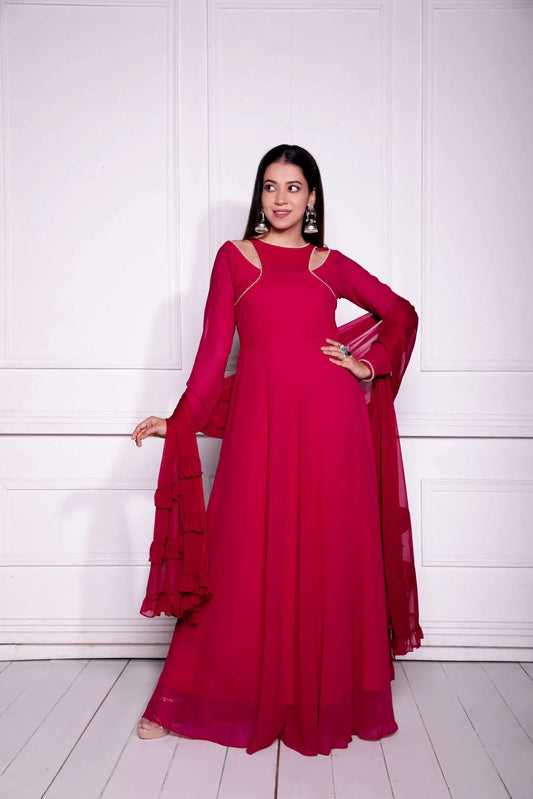 Red Georgette Gown With Dupatta