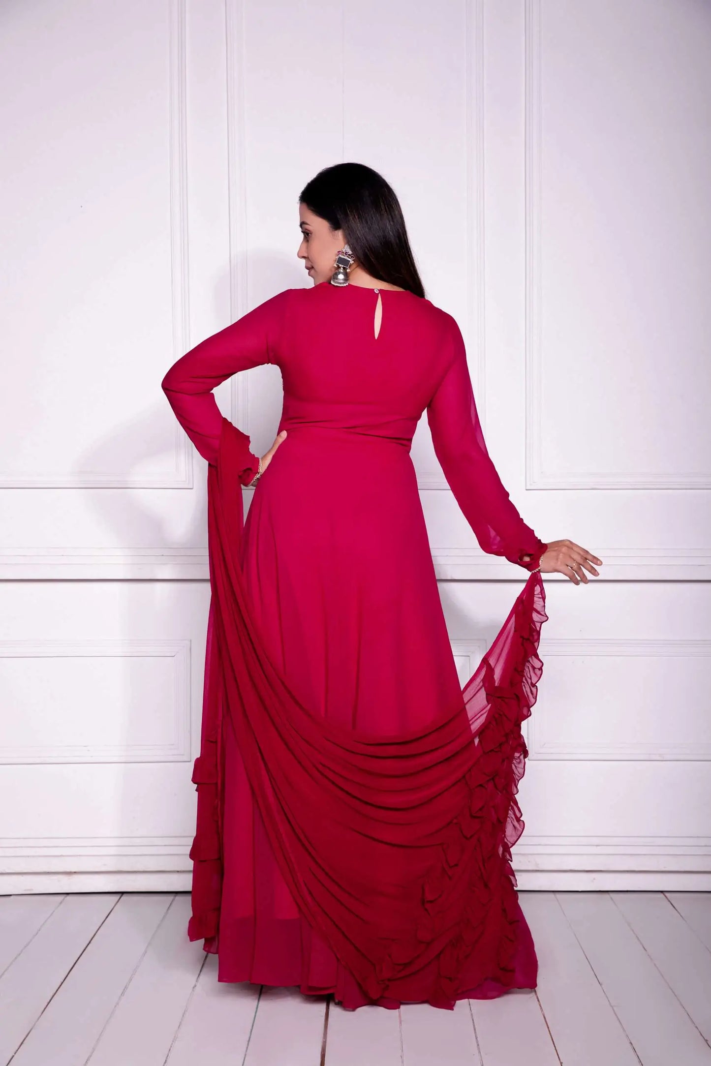 Red Georgette Gown With Dupatta