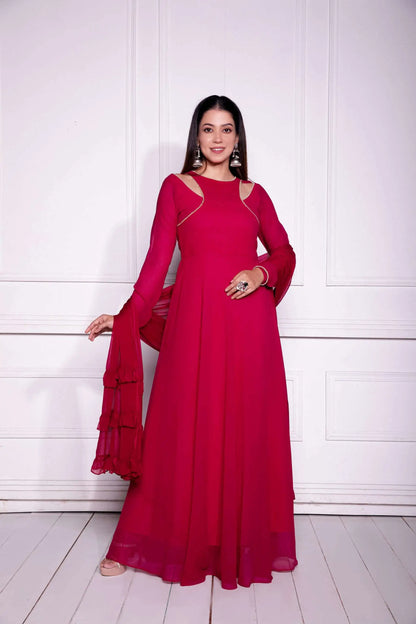 Red Georgette Gown With Dupatta