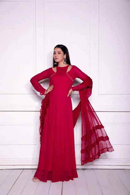 Red Georgette Gown With Dupatta