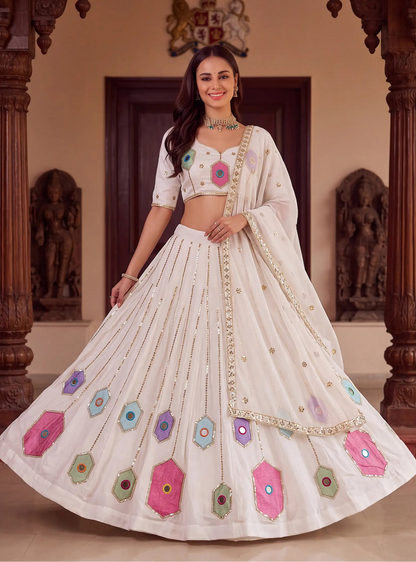 White Navratri Lehenga With Embroidery & Mirror Work