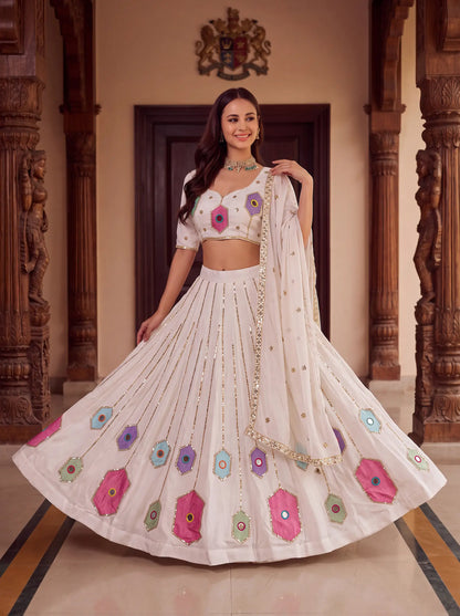 White Navratri Lehenga With Embroidery & Mirror Work