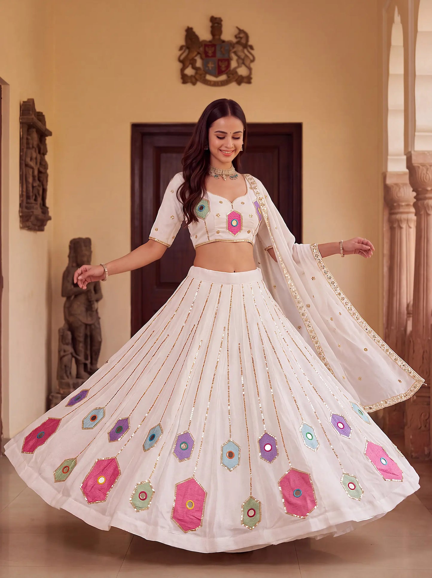 White Navratri Lehenga With Embroidery & Mirror Work