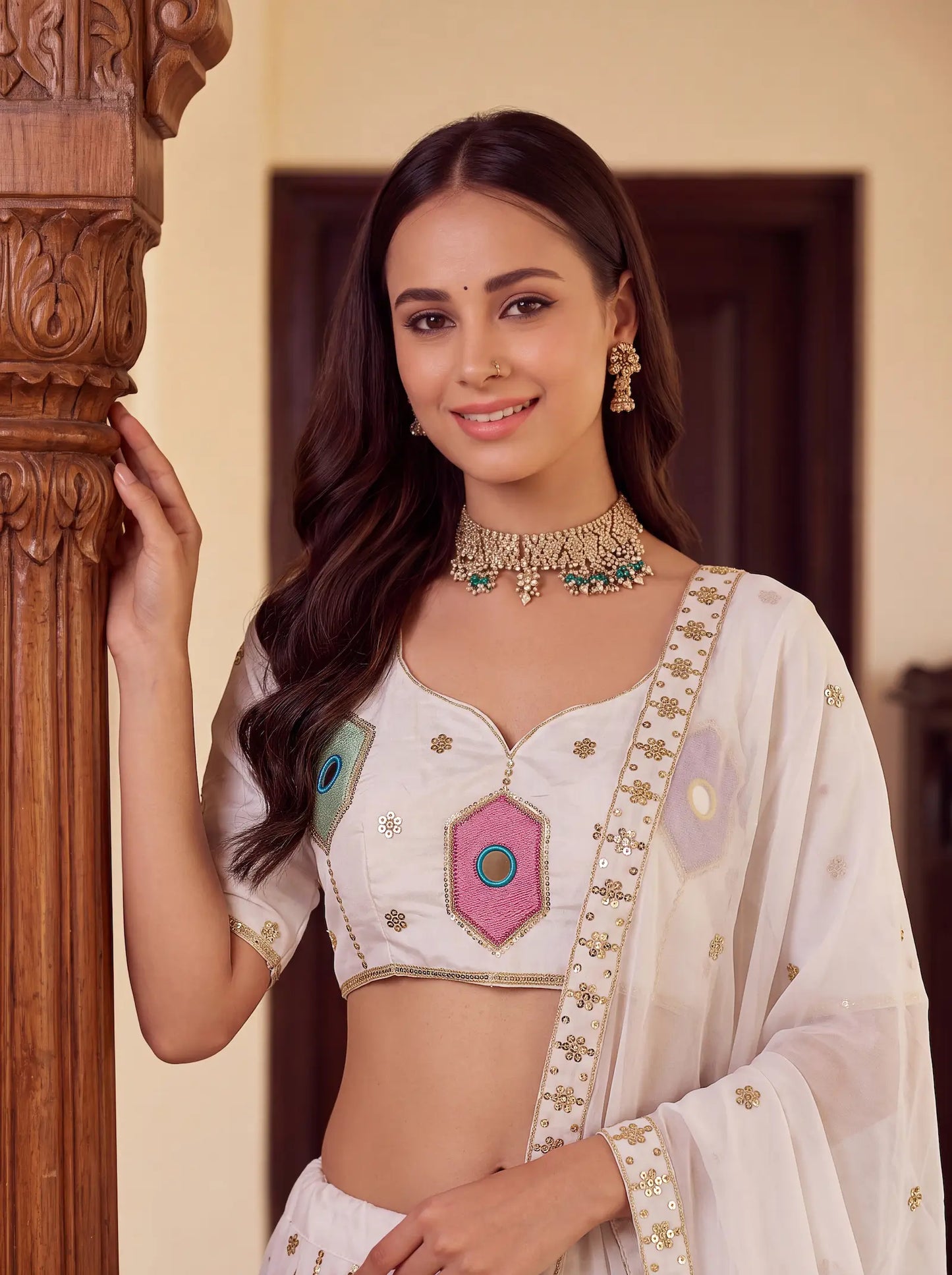 White Navratri Lehenga With Embroidery & Mirror Work