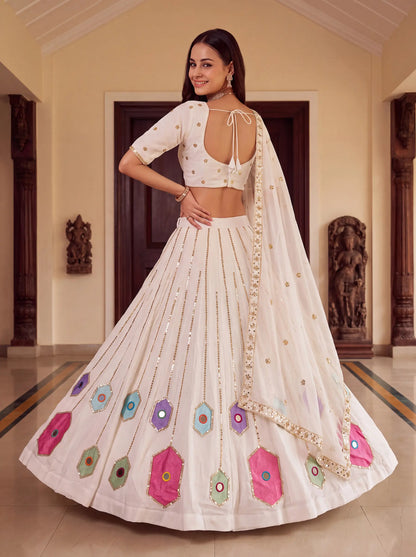 White Navratri Lehenga With Embroidery & Mirror Work