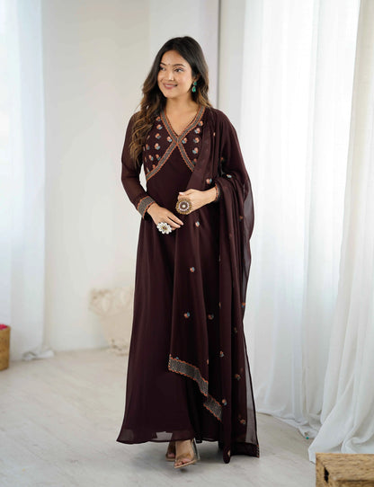 Trendy Brown Embroidery Work Gown With Dupatta