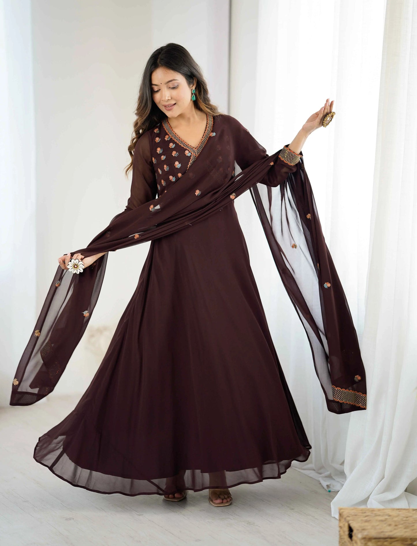 Trendy Brown Embroidery Work Gown With Dupatta