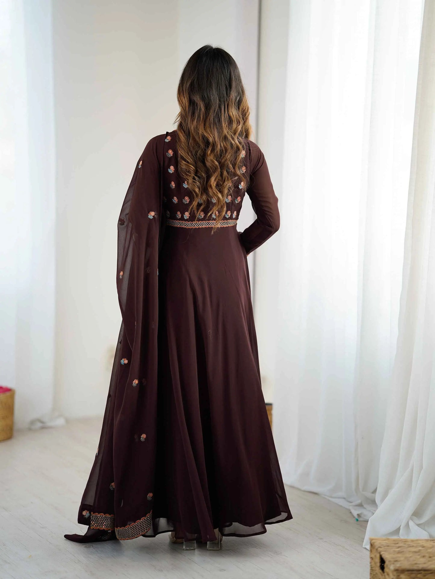 Trendy Brown Embroidery Work Gown With Dupatta