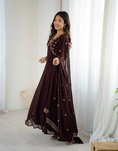 Trendy Brown Embroidery Work Gown With Dupatta