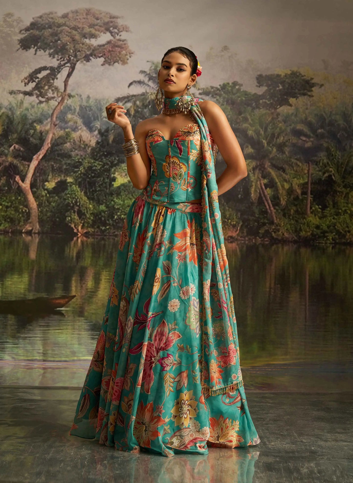 Mint Blue Floral print With Handwork Indo Western