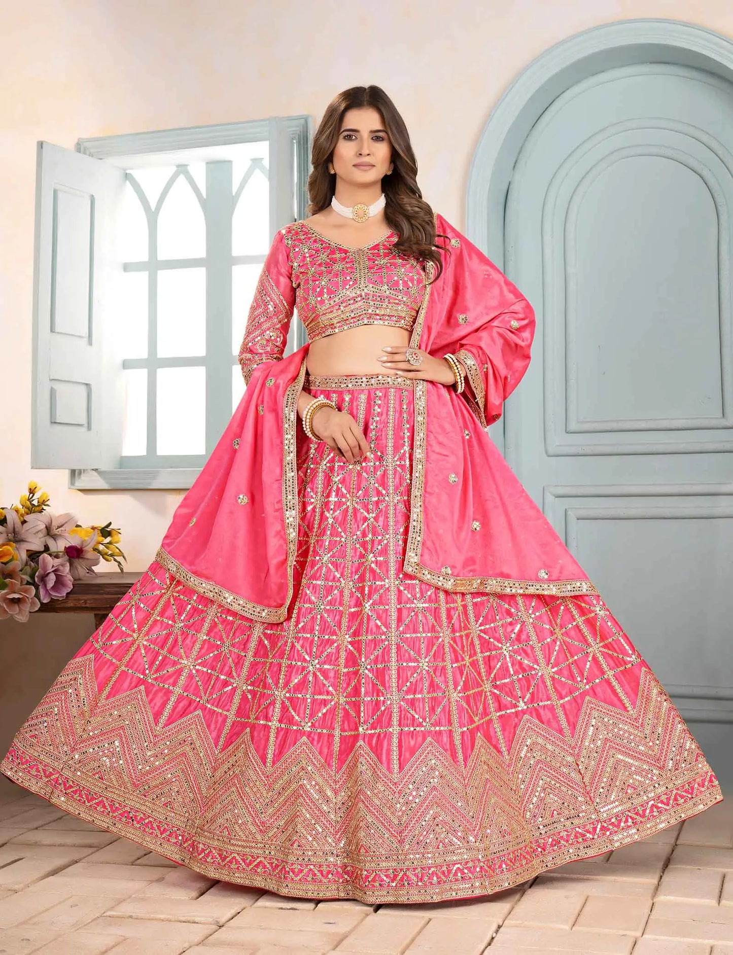 Pink Designer Sequins Embroidery Work Lehenga Choli