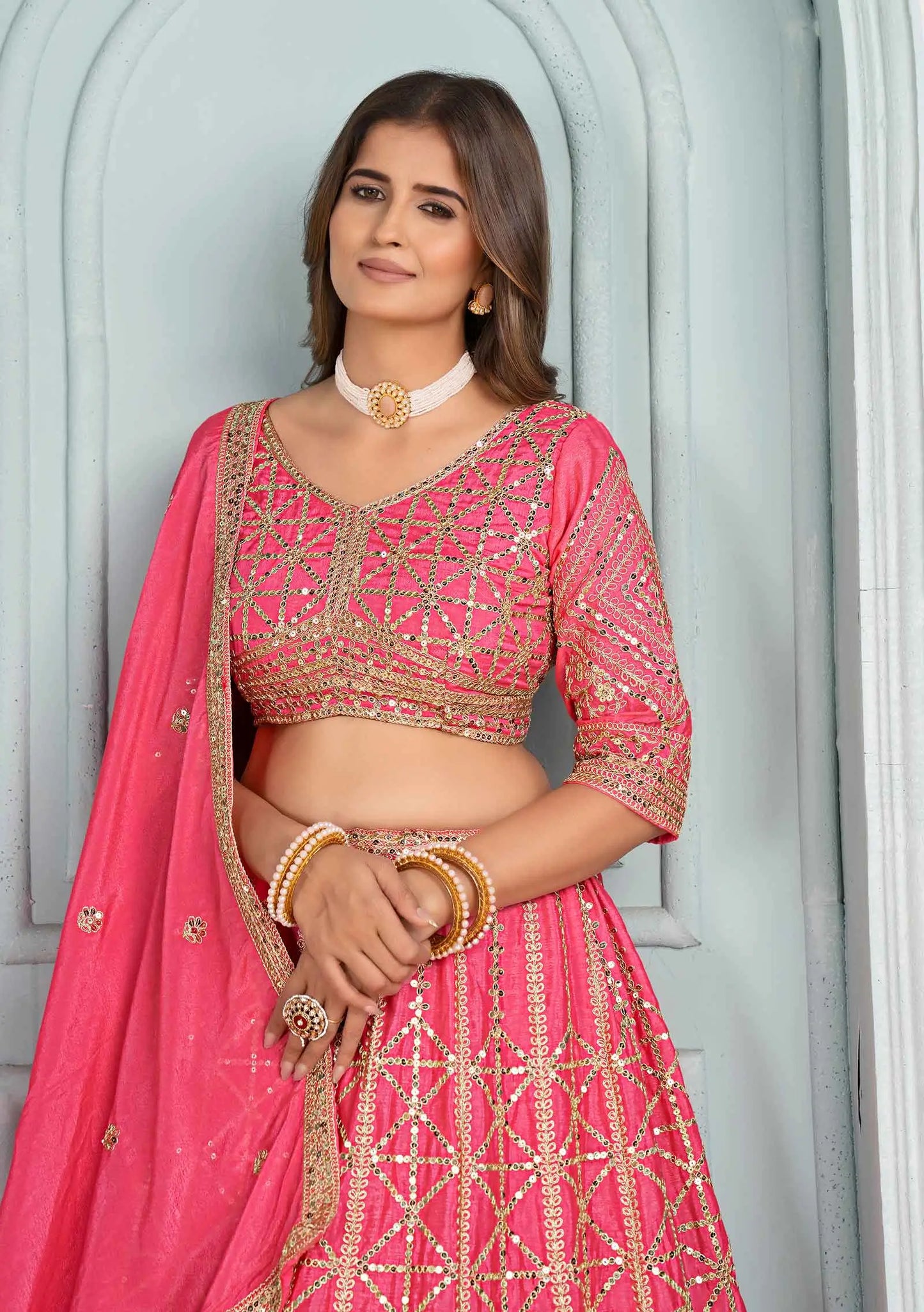 Pink Designer Sequins Embroidery Work Lehenga Choli