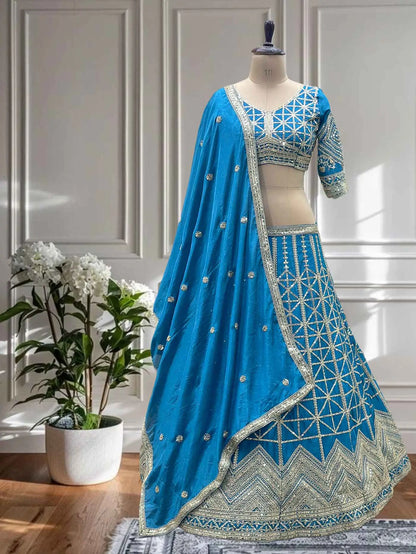 Designer Sky Sequins Embroidery Work Lehenga Choli