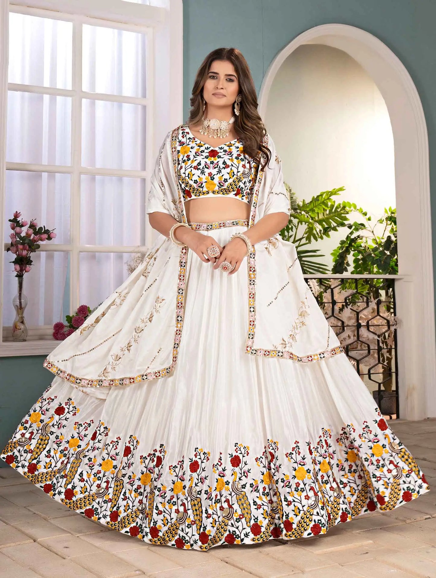 White Multi Thread Sequins Embroidery Design Work Lehenga Choli