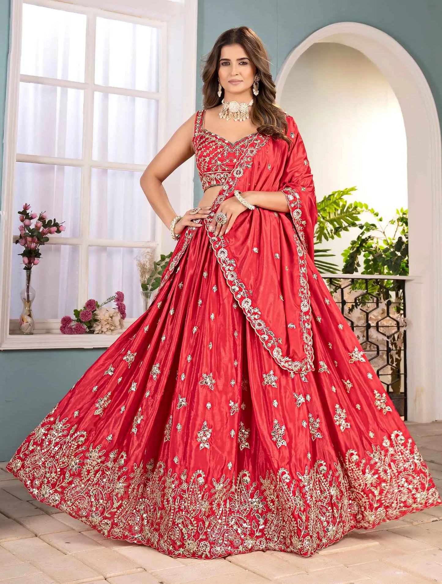Paprika Red Sequins Embroidery Design Coding Work Lehenga Choli