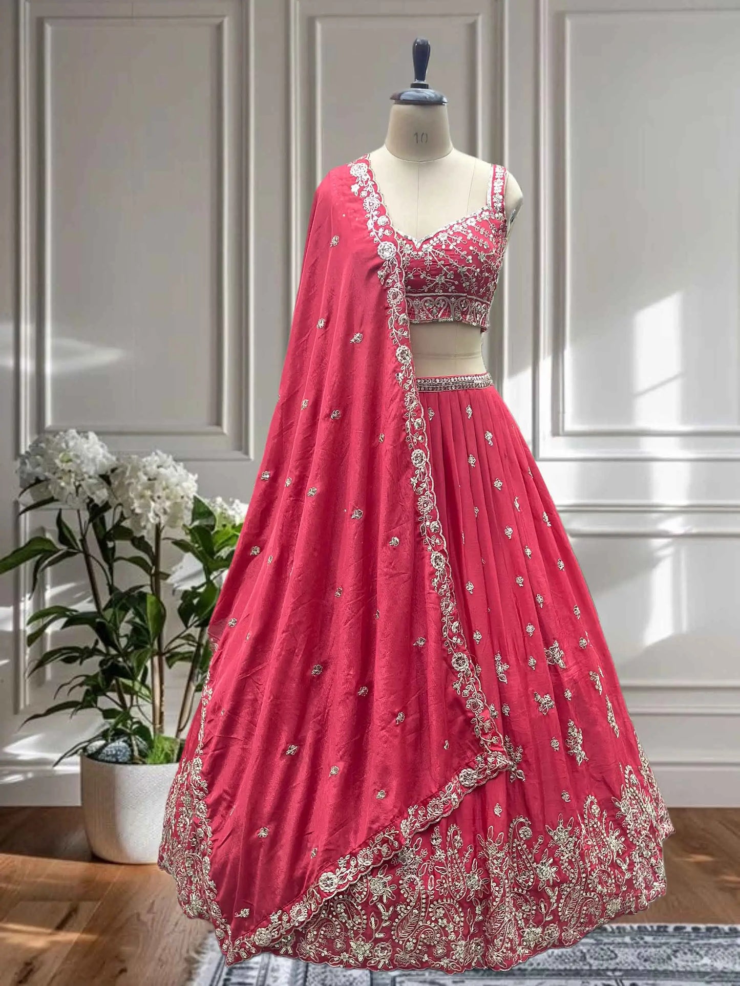 Paprika Red Sequins Embroidery Design Coding Work Lehenga Choli