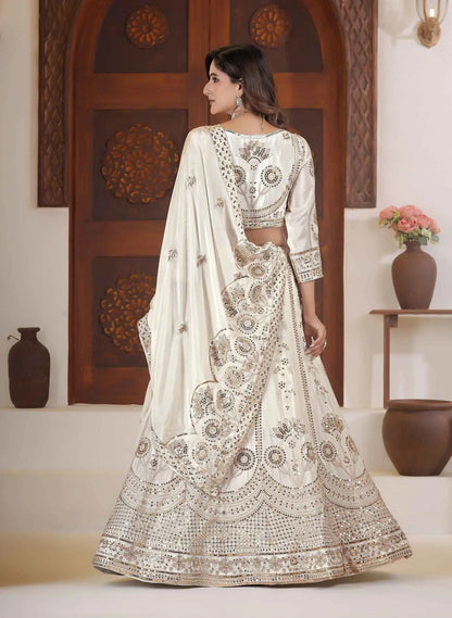 White Lehenga Choli With Sequins Zari Embroidery Work