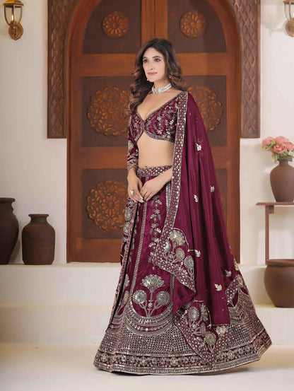 Maroon Lehenga Choli With Sequins Zari Embroidery Work