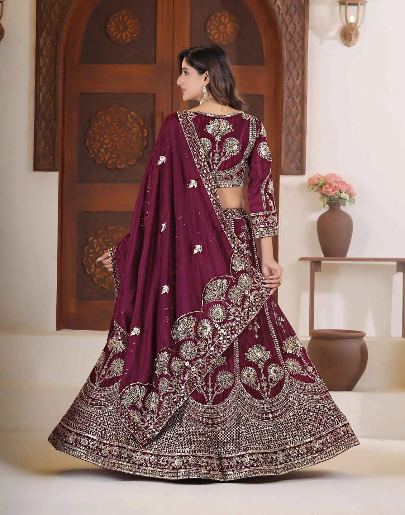 Maroon Lehenga Choli With Sequins Zari Embroidery Work