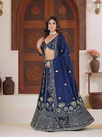 Blue Lehenga Choli With Sequins Zari Embroidery Work