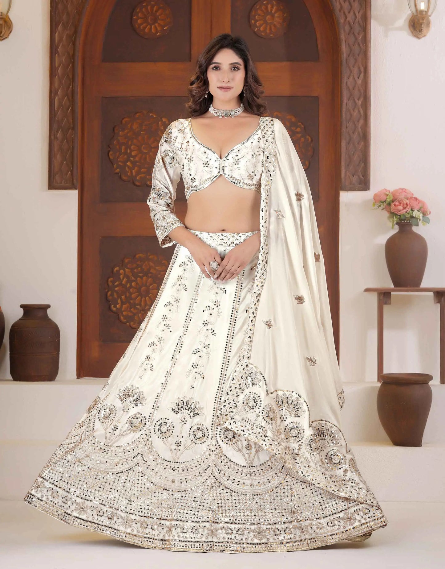 White Lehenga Choli With Sequins Zari Embroidery Work