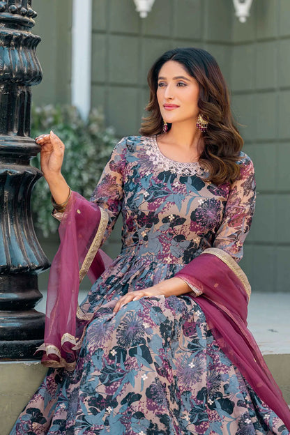 Purple Multi Floral Embroidery Work Gown