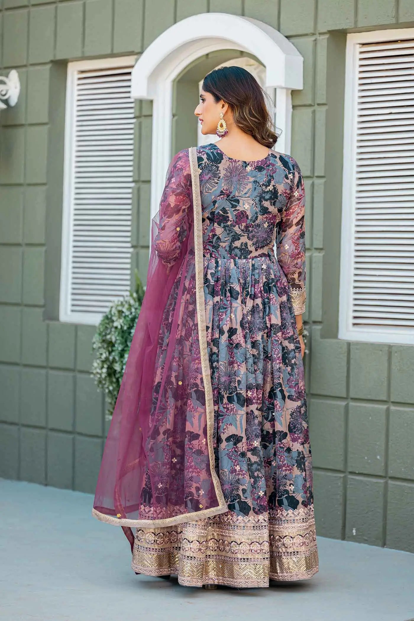 Purple Multi Floral Embroidery Work Gown