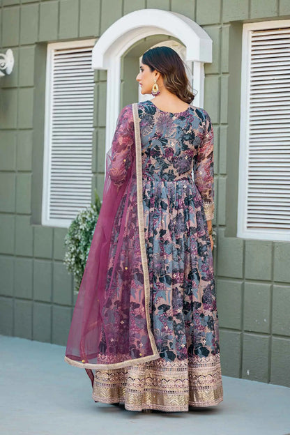 Purple Multi Floral Embroidery Work Gown