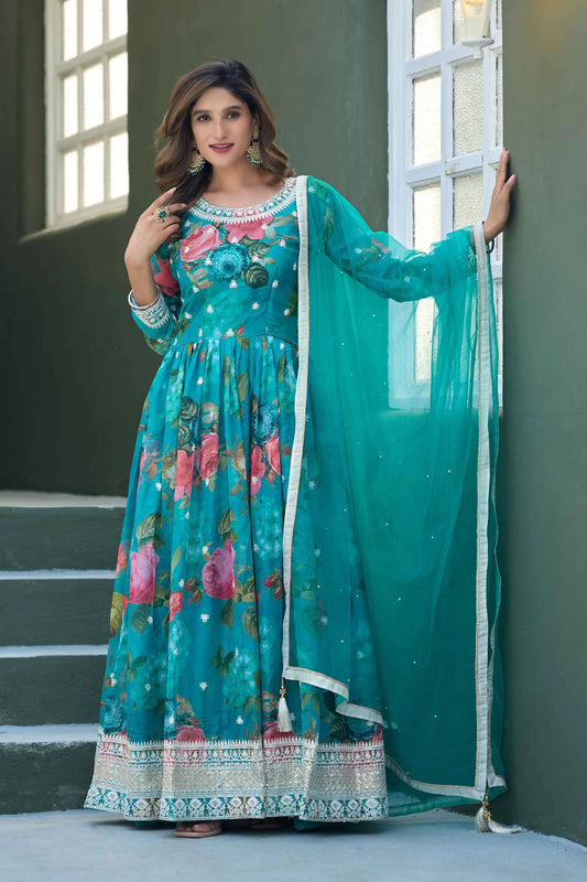 Dark Cyan Floral Embroidery Work Gown